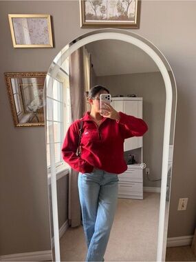 Vintage Inspired Red Half-Zip Fleece Pullover Sweater
